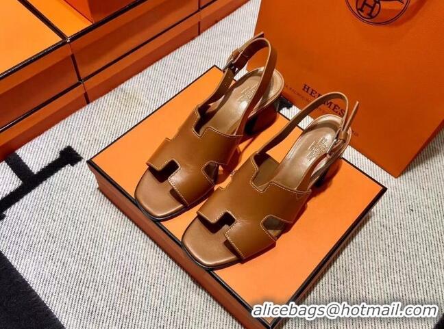 Discount Hermes Elbe Calfskin H Medium Heel Sandal 6cm Brown 032558