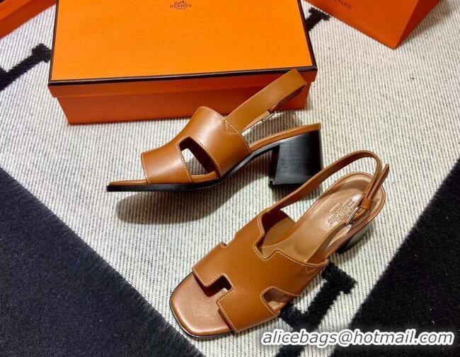 Discount Hermes Elbe Calfskin H Medium Heel Sandal 6cm Brown 032558