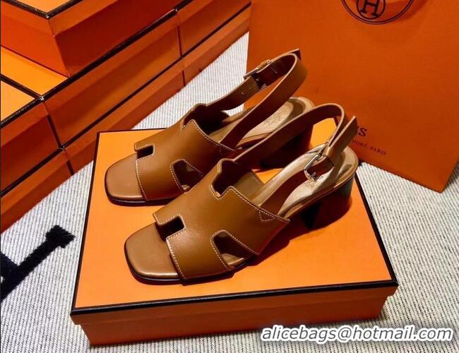 Discount Hermes Elbe Calfskin H Medium Heel Sandal 6cm Brown 032558