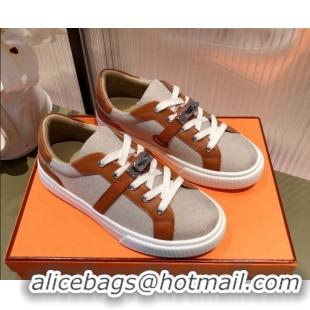 Modern Hermes Day Calfskin and Canvas Sneakers with Kelly Buckle Brown/Beige 032559