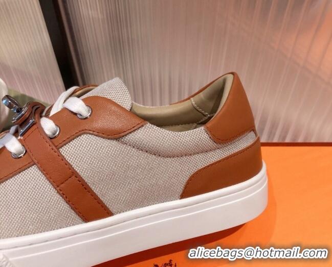 Modern Hermes Day Calfskin and Canvas Sneakers with Kelly Buckle Brown/Beige 032559