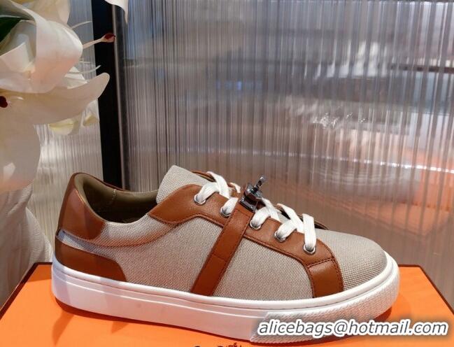 Modern Hermes Day Calfskin and Canvas Sneakers with Kelly Buckle Brown/Beige 032559