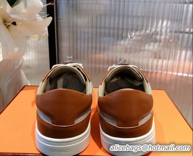 Modern Hermes Day Calfskin and Canvas Sneakers with Kelly Buckle Brown/Beige 032559