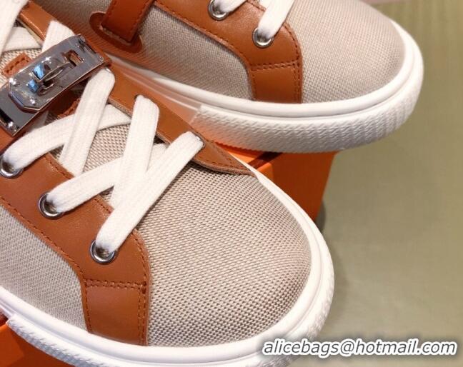 Modern Hermes Day Calfskin and Canvas Sneakers with Kelly Buckle Brown/Beige 032559