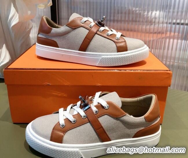 Modern Hermes Day Calfskin and Canvas Sneakers with Kelly Buckle Brown/Beige 032559