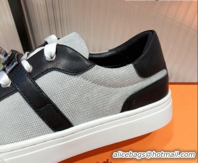 Sumptuous Hermes Day Calfskin and Canvas Sneakers with Kelly Buckle Brown/Grey 032560