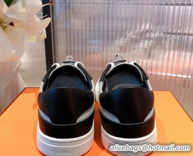 Sumptuous Hermes Day Calfskin and Canvas Sneakers with Kelly Buckle Brown/Grey 032560