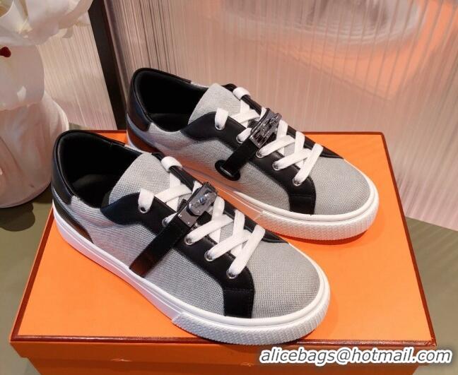 Sumptuous Hermes Day Calfskin and Canvas Sneakers with Kelly Buckle Brown/Grey 032560