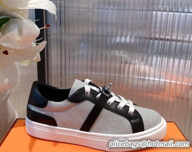 Sumptuous Hermes Day Calfskin and Canvas Sneakers with Kelly Buckle Brown/Grey 032560