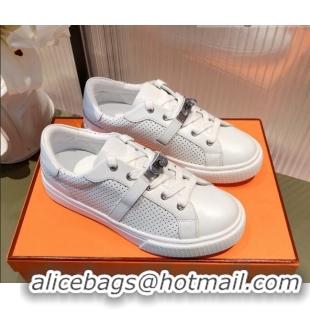 Perfect Hermes Day Perforated Calfskin Sneakers with Kelly Buckle White 032561