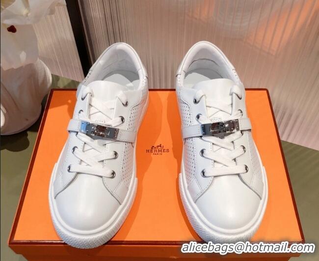 Perfect Hermes Day Perforated Calfskin Sneakers with Kelly Buckle White 032561