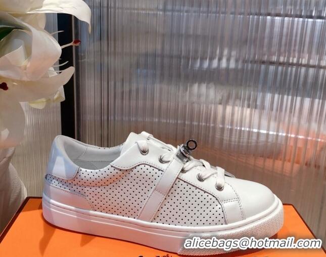 Perfect Hermes Day Perforated Calfskin Sneakers with Kelly Buckle White 032561