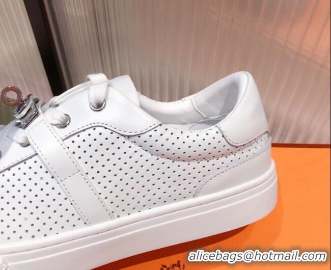 Perfect Hermes Day Perforated Calfskin Sneakers with Kelly Buckle White 032561