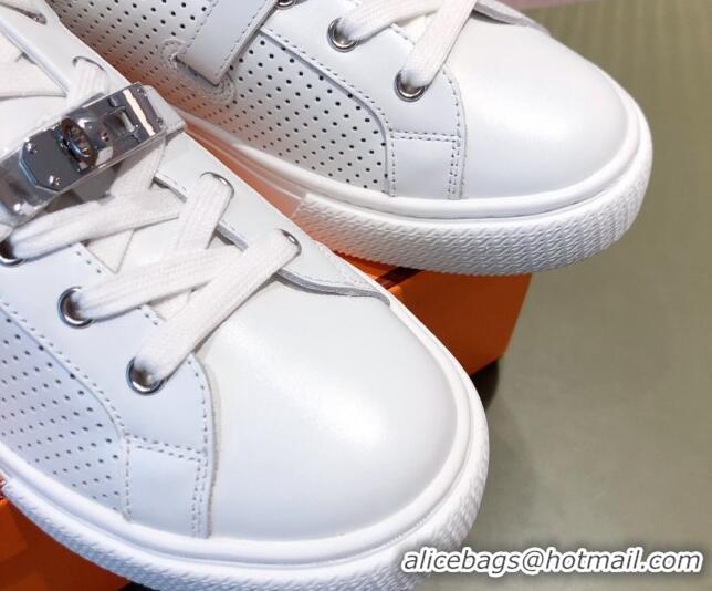 Perfect Hermes Day Perforated Calfskin Sneakers with Kelly Buckle White 032561