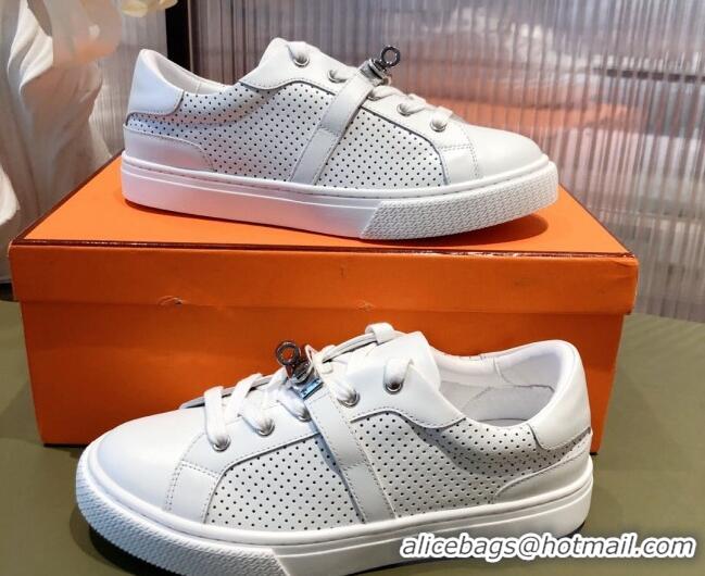 Perfect Hermes Day Perforated Calfskin Sneakers with Kelly Buckle White 032561