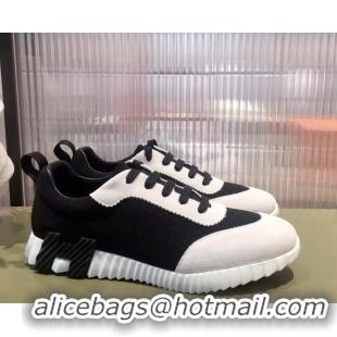 Shop Duplicate Hermes Bouncing Technical Canvas and Suede Sneakers White/Black 032562