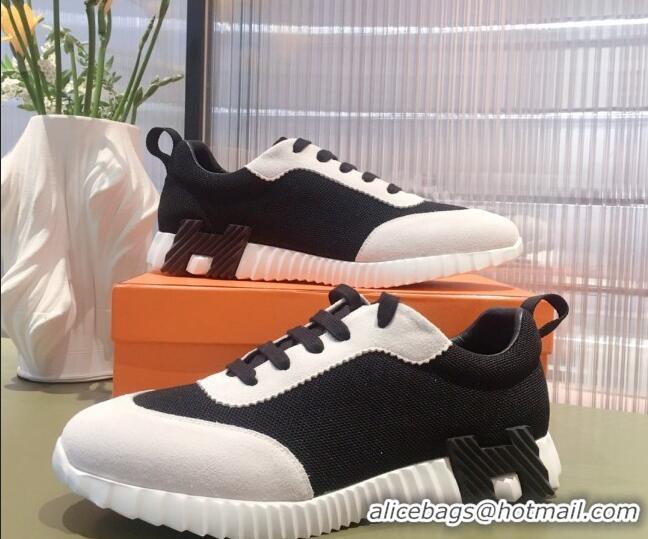 Shop Duplicate Hermes Bouncing Technical Canvas and Suede Sneakers White/Black 032562