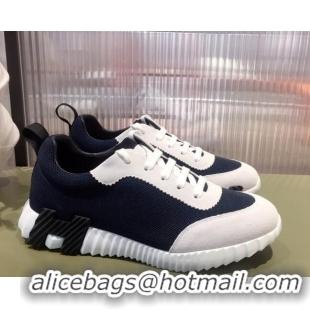 Best Price Hermes Bouncing Technical Canvas and Suede Sneakers White/Navy Blue 032563