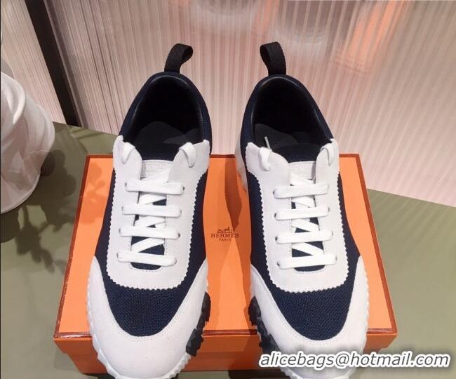 Best Price Hermes Bouncing Technical Canvas and Suede Sneakers White/Navy Blue 032563