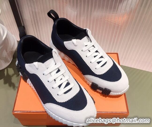 Best Price Hermes Bouncing Technical Canvas and Suede Sneakers White/Navy Blue 032563