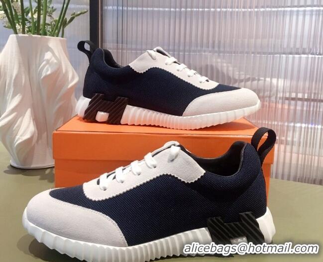 Best Price Hermes Bouncing Technical Canvas and Suede Sneakers White/Navy Blue 032563