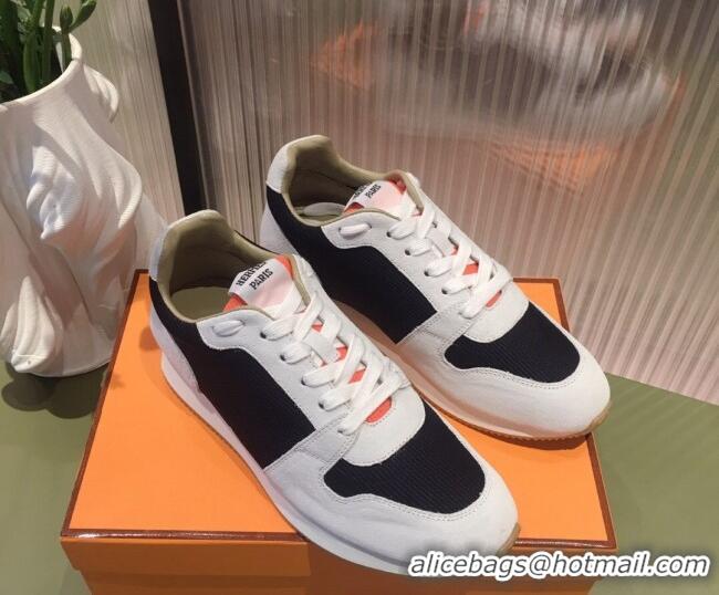 Best Product Hermes Escape Fabric and Suede Sneakers White/Black/Orange 032564