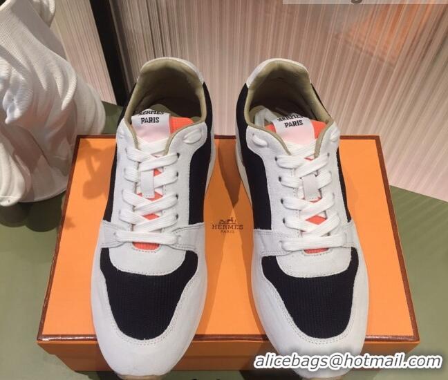 Best Product Hermes Escape Fabric and Suede Sneakers White/Black/Orange 032564