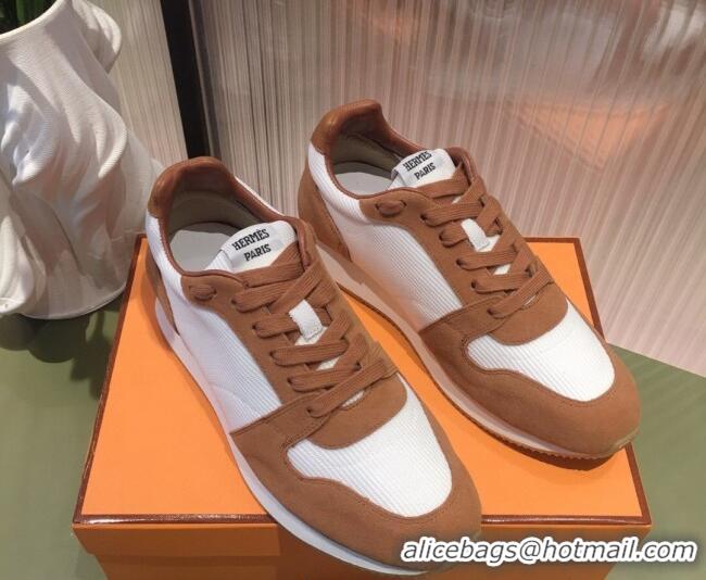 Crafted Hermes Escape Fabric and Suede Sneakers White/Brown 032565