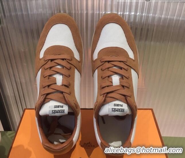 Crafted Hermes Escape Fabric and Suede Sneakers White/Brown 032565