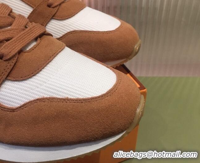 Crafted Hermes Escape Fabric and Suede Sneakers White/Brown 032565