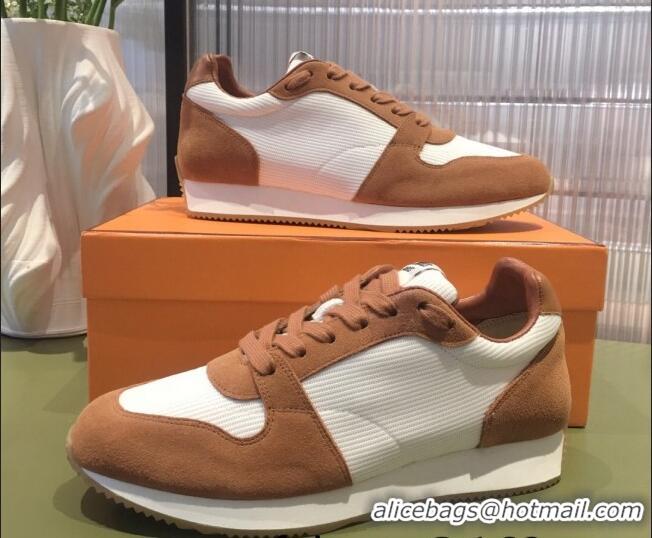 Crafted Hermes Escape Fabric and Suede Sneakers White/Brown 032565