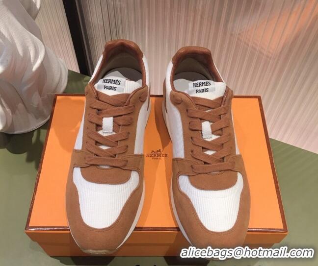 Crafted Hermes Escape Fabric and Suede Sneakers White/Brown 032565