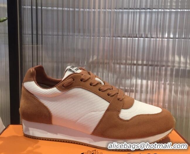 Crafted Hermes Escape Fabric and Suede Sneakers White/Brown 032565