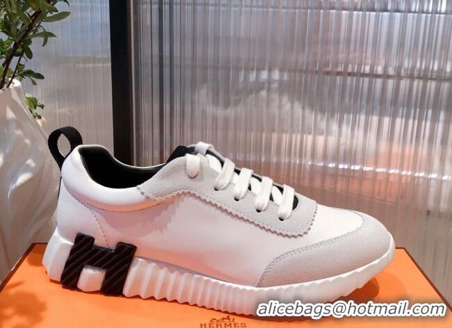 Pretty Style Hermes Bouncing Calfskin and Suede Sneakers White/Black 032573