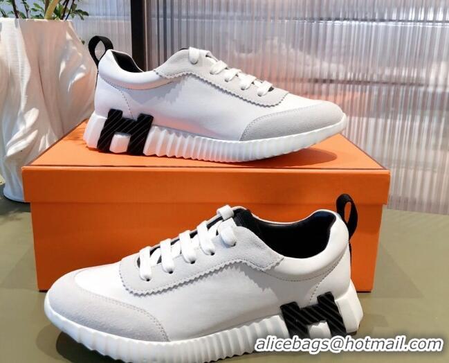 Pretty Style Hermes Bouncing Calfskin and Suede Sneakers White/Black 032573