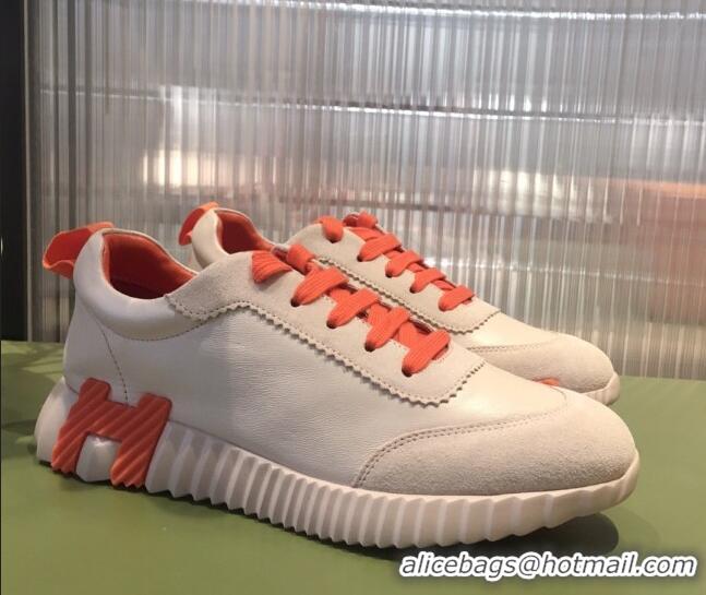 Luxury Hermes Bouncing Calfskin and Suede Sneakers Beige/Orange 032569