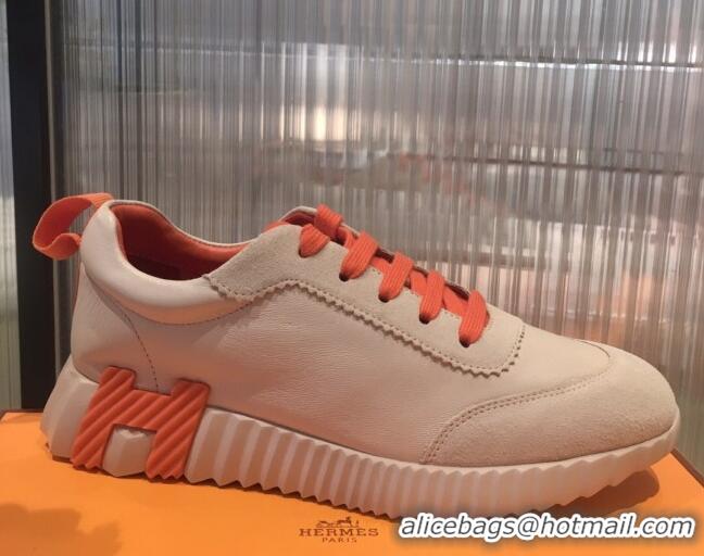 Luxury Hermes Bouncing Calfskin and Suede Sneakers Beige/Orange 032569