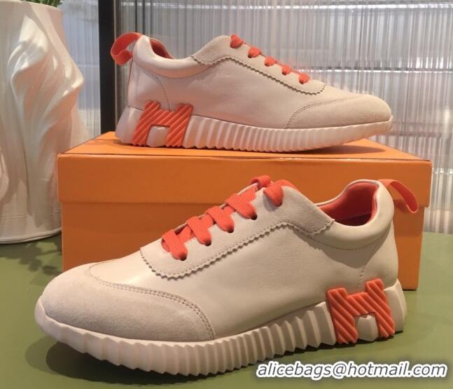 Luxury Hermes Bouncing Calfskin and Suede Sneakers Beige/Orange 032569