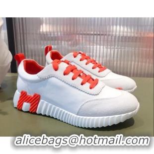 Classic Hot Hermes Bouncing Calfskin and Suede Sneakers White/Orange 032572