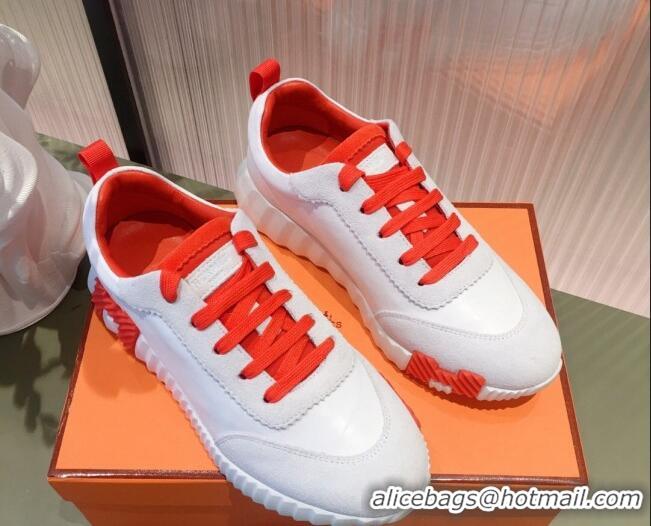 Classic Hot Hermes Bouncing Calfskin and Suede Sneakers White/Orange 032572