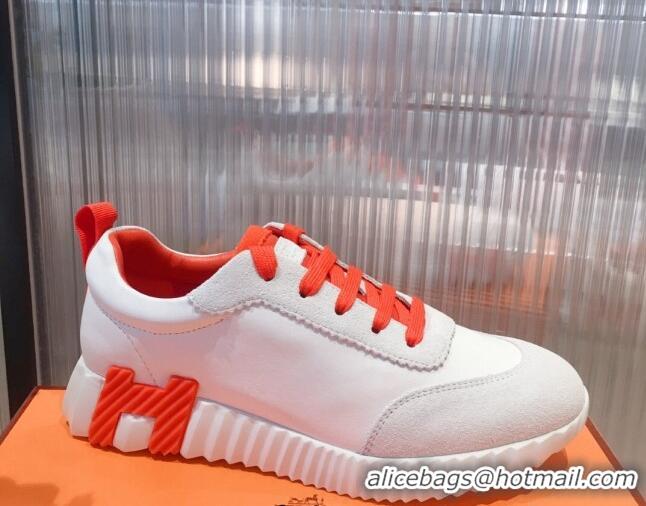 Classic Hot Hermes Bouncing Calfskin and Suede Sneakers White/Orange 032572