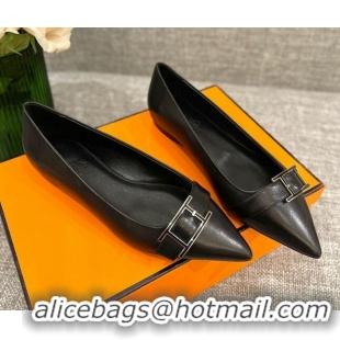 Good Looking Hermes Leather H Buckle Flat Ballet Black 032892