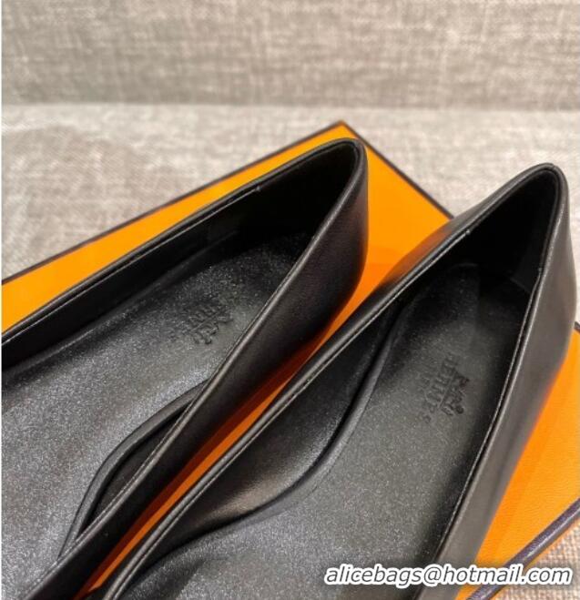 Good Looking Hermes Leather H Buckle Flat Ballet Black 032892