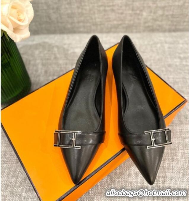 Good Looking Hermes Leather H Buckle Flat Ballet Black 032892