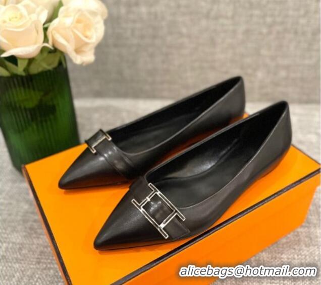 Good Looking Hermes Leather H Buckle Flat Ballet Black 032892