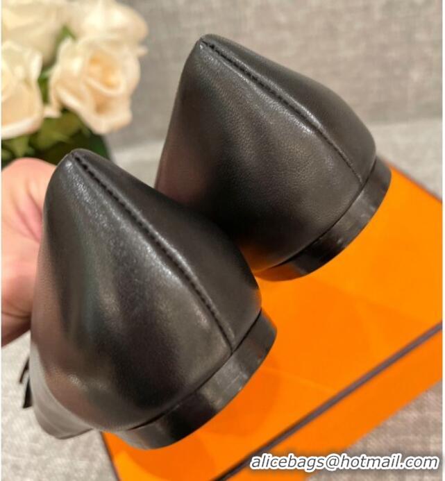 Good Looking Hermes Leather H Buckle Flat Ballet Black 032892