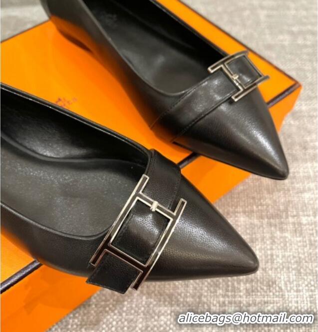 Good Looking Hermes Leather H Buckle Flat Ballet Black 032892