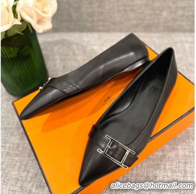 Good Looking Hermes Leather H Buckle Flat Ballet Black 032892