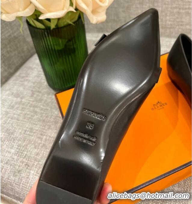 Good Looking Hermes Leather H Buckle Flat Ballet Black 032892