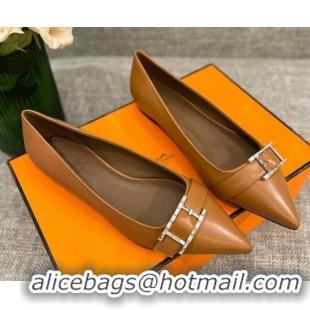 Grade Quality Hermes Leather H Buckle Flat Ballet Brown 032893